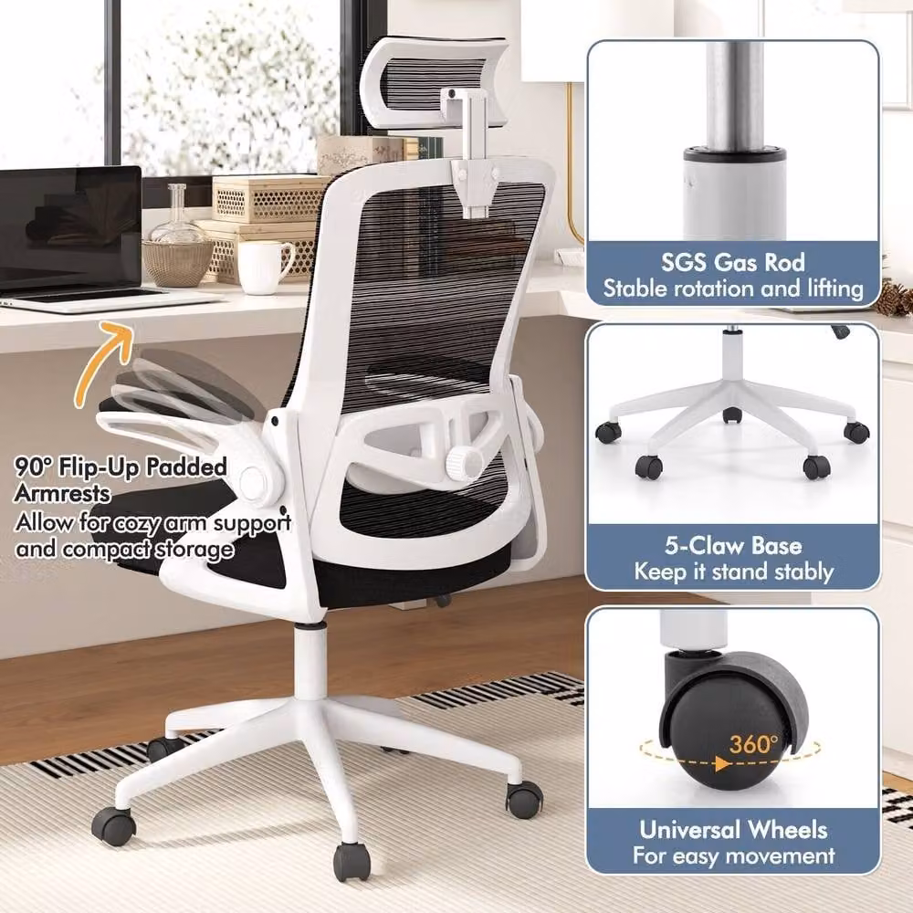 Costway White Fabric Swivel Office Chair with Headrest and Armrests – 7
