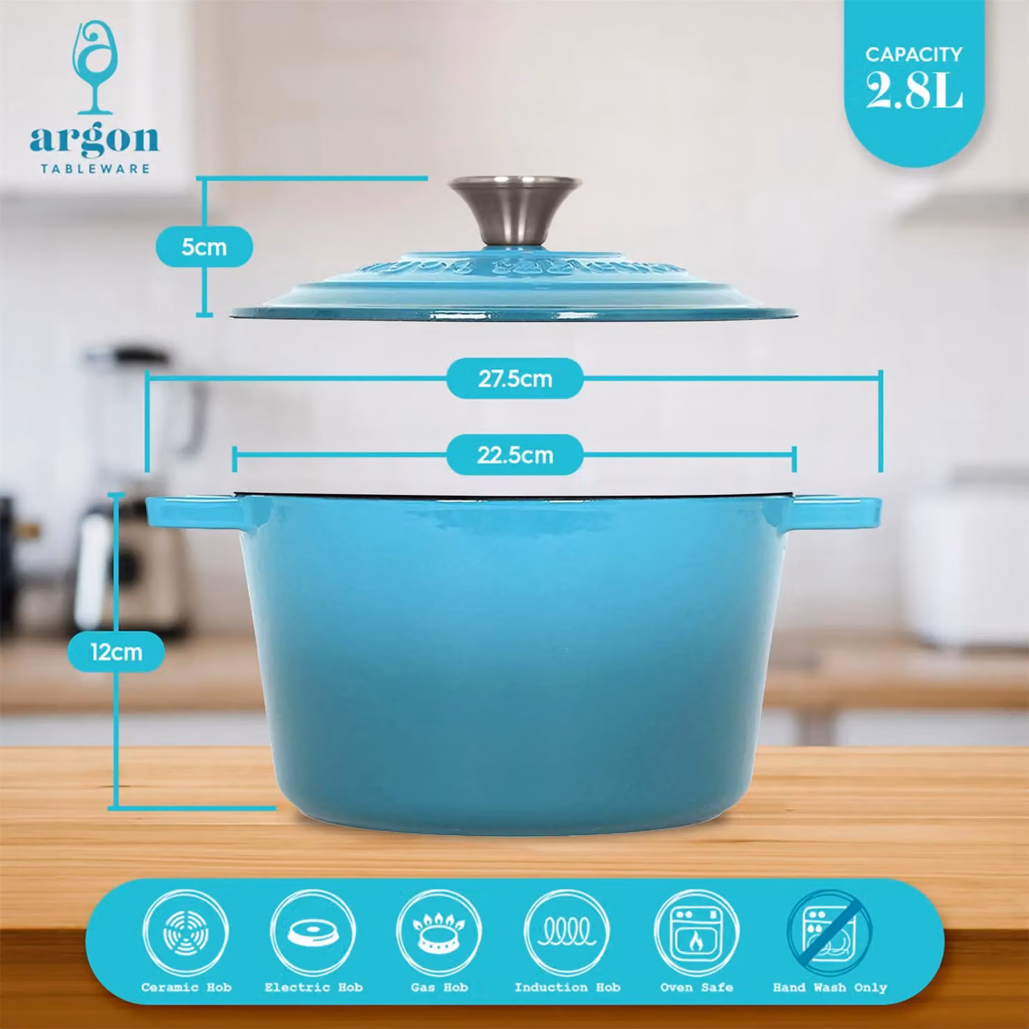 Argon Tableware 2x Round Cast Iron Casserole Dishes with Self Basting Lid, 2.8L, Petrol – 3