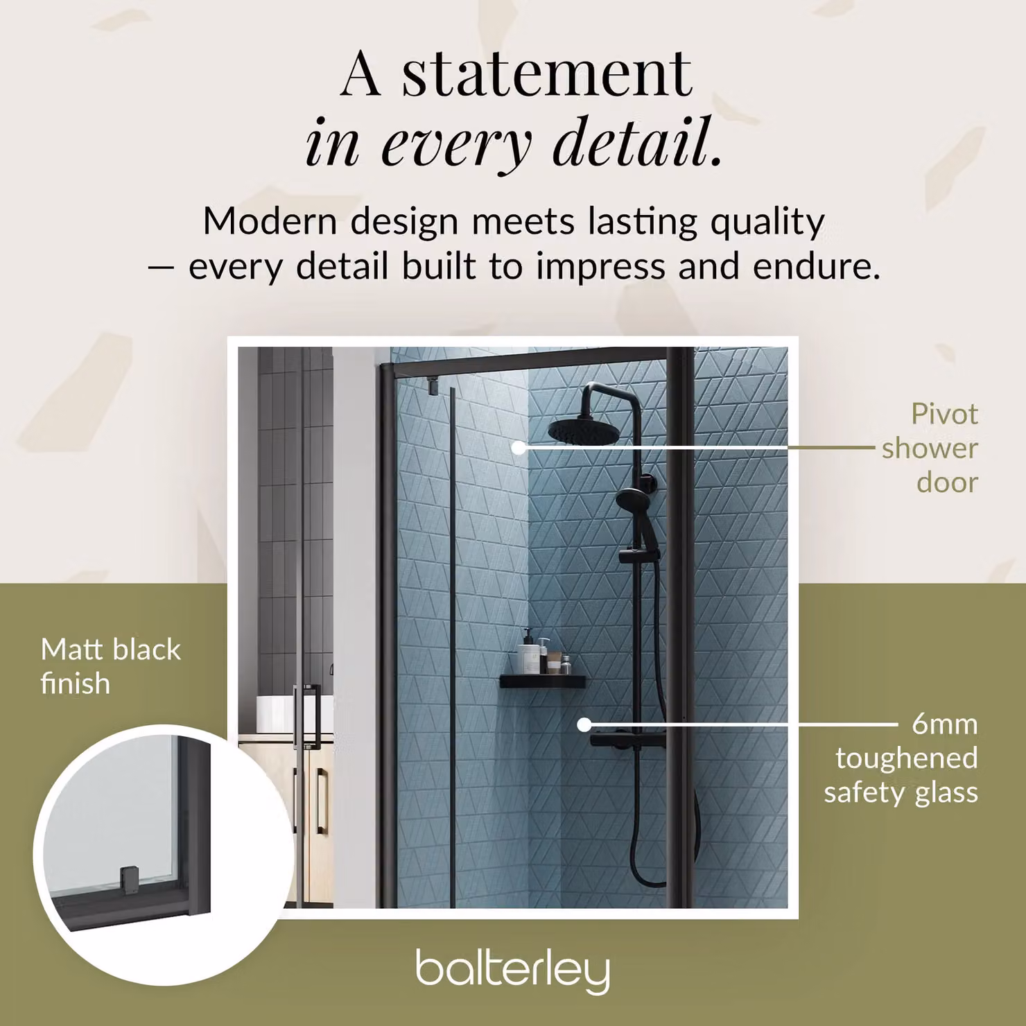 Balterley Ruwa Black Pivot Corner Shower Suite with 6mm Glass and Tray, W/D: 900 x 900 mm – 4
