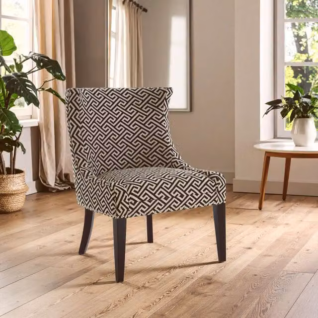 Orsina Modern Geometric Wingback Lounge Chair with Armrests in Black and Beige Fabric and Birchwood Legs – 2