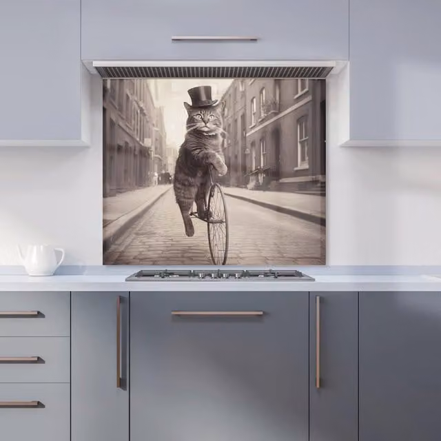 Warren Reed Designer Victorian Cat Riding A Bike Kitchen Glass Splashback in Black and Multicolour, W: 70.0 cm, H: 75.0 cm