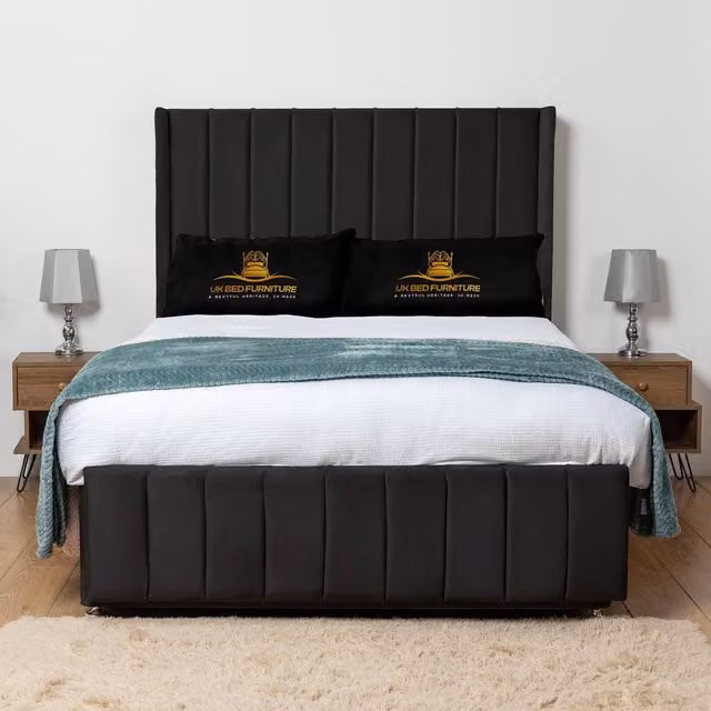 UK Bed Furniture Arizona Wingback Divan Bed Base with 54 Inch Headboard, Black, W/D/H: 140 x 200 cm