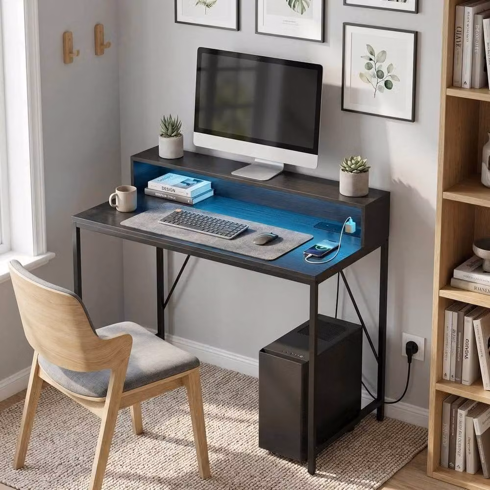 FORGEVIO Black Gaming Desk with LED Lights and Power Outlets, W/D/H: 120 x 60 x 75 cm – 4