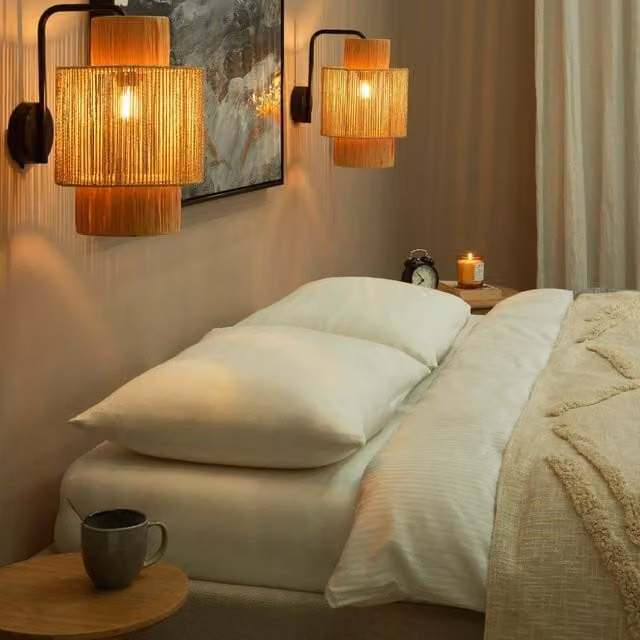 Wyld and Coco Set of 2 Natural Raffia Boho Wall Lamps in Beige