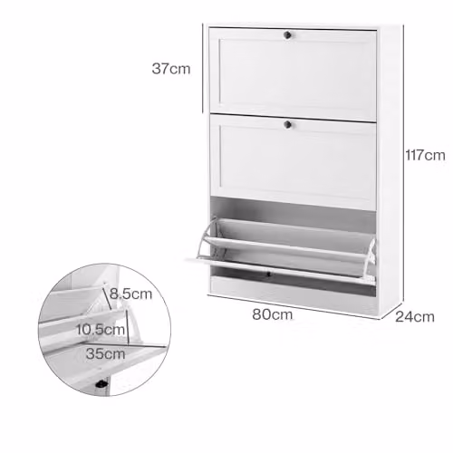 Levede Modern White Slim Shoe Cabinet with Tilting Compartments and Internal Shelves, H 117 x W 80 x D 24 cm – 2
