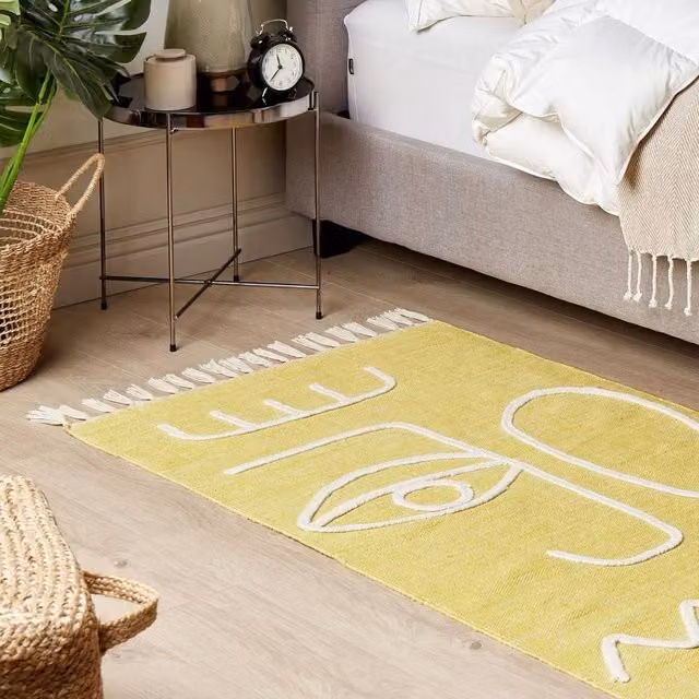 Wyld and Coco Yellow Handwoven Boho Abstract Area Rug with Fringes W: 80 cm, L: 150 cm