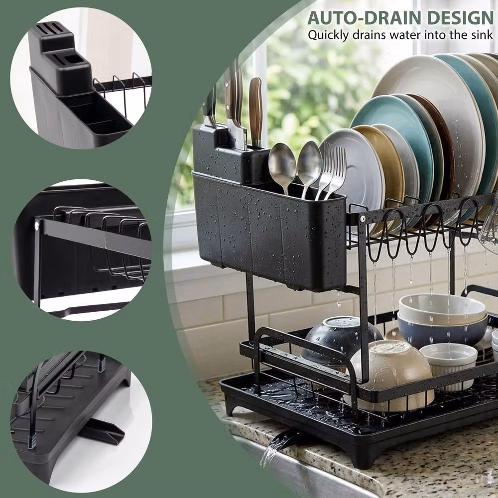 Crystals 2 Tier Metal Dish Drying Rack with Drip Tray and Utensil Holder in Black – 4