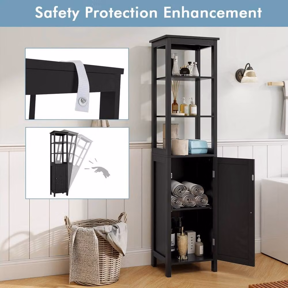 FORGEVIO Modern Slim Bathroom Floor Cabinet with 3 Open Shelves in Matt Black – 4