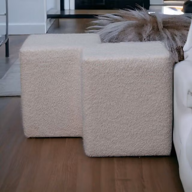 Artisan Furniture Modern Rectangular Twin Footstool in White Boucle and Brown Wood