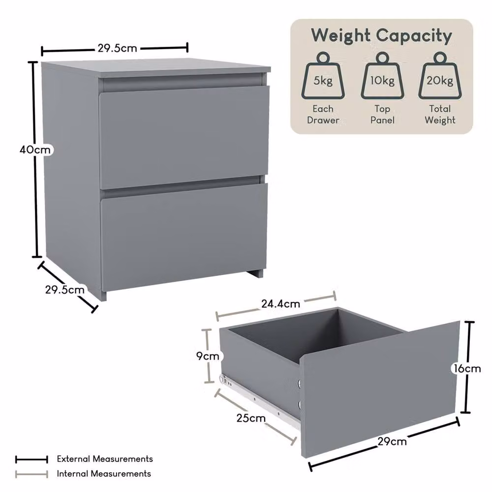 SPETLEK Scandinavian 2 Drawer Chest of Drawers Bedside Table in Grey – 3