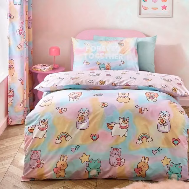Catherine Lansfield Forever Together Reversible Duvet Cover Bedding Set, Pink and Multicolour Animal Graphic Design