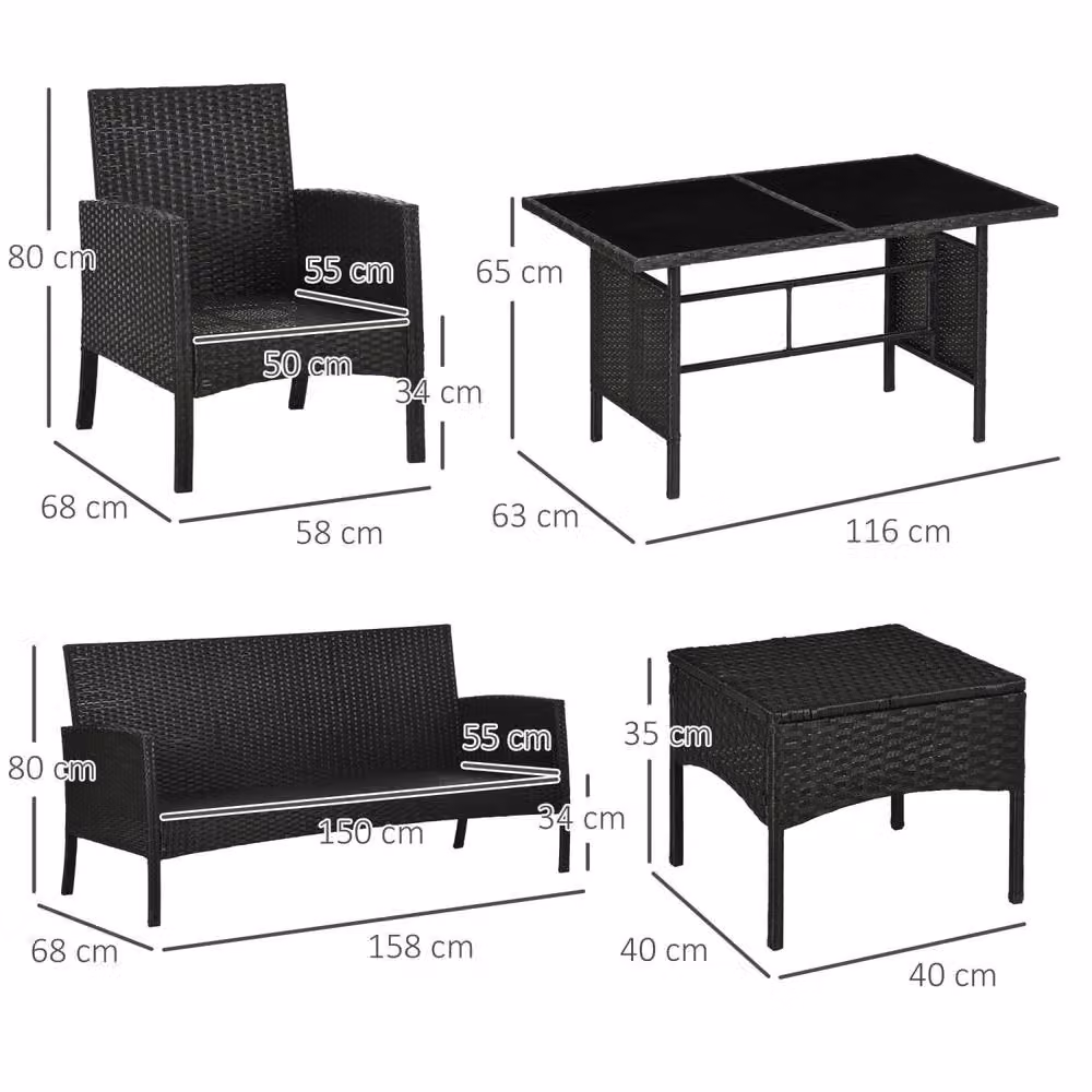 Wyld Haus Coma 6 Piece Black and Beige Rattan Garden Sofa Dining Set with Glass Table – 4