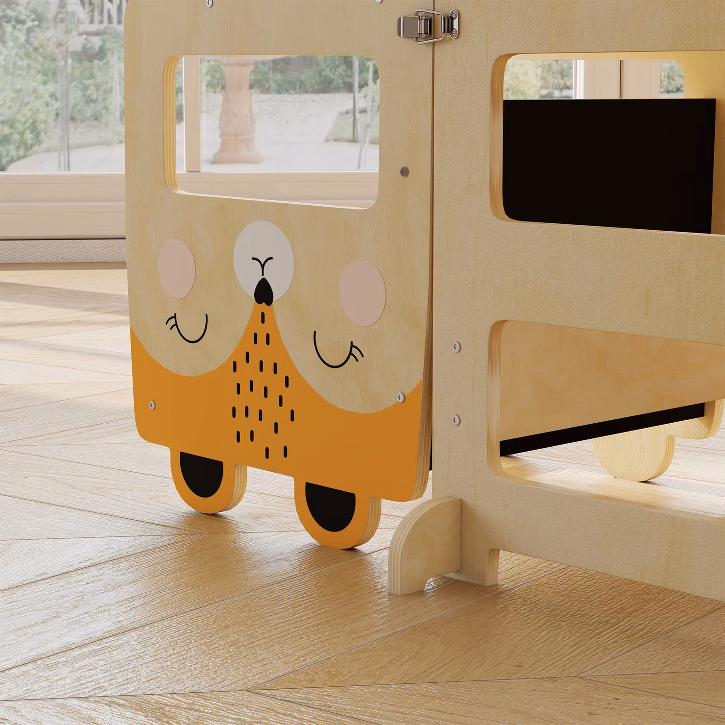 AIYAPLAY 3-in-1 Fox-Shaped Toddler Step Stool and Standing Tower with Chalkboard in Natural Brown Wood – 6