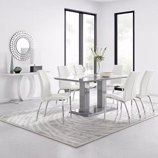 FurnitureboxUK Imperia Grey High Gloss Rectangular Glass Dining Table and 6 White Faux Leather Chairs – 1
