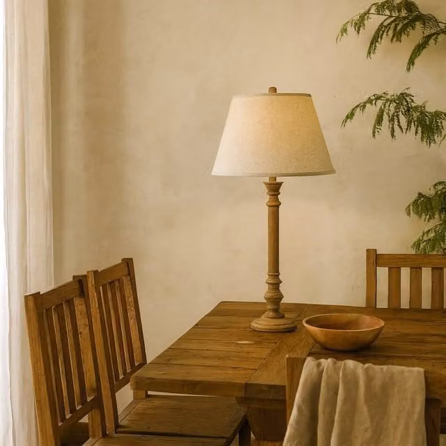 Wyld Haus Flavigny Turned Wooden Pillar Table Lamp with Beige Fabric Shade in Brown – 1