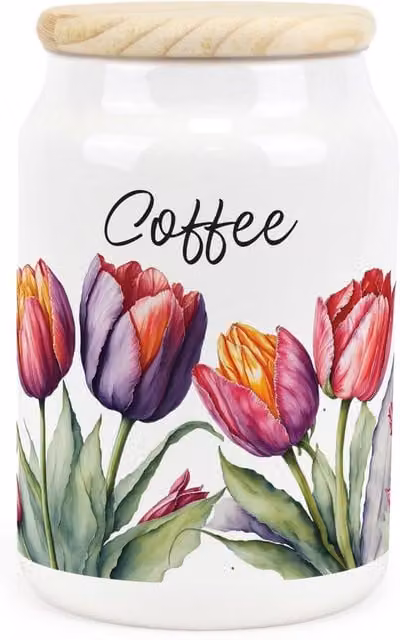 Purely Home Floral Tulips Ceramic Coffee Storage Canister in Purple and White