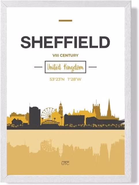 ARTZE Sheffield City Skyline Framed Paper Poster, Yellow and Black with White Frame, A4