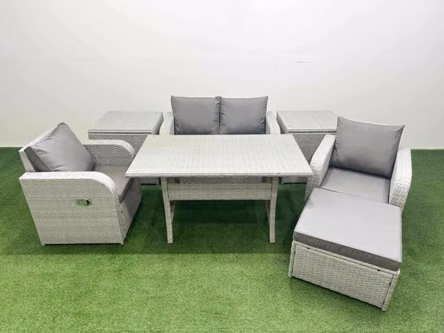 Fimous 5 Seater Light Grey PE Wicker Rattan Garden Furniture Set with Rectangular Dining Table, Reclining Chair, Footstool and 2 Side Tables