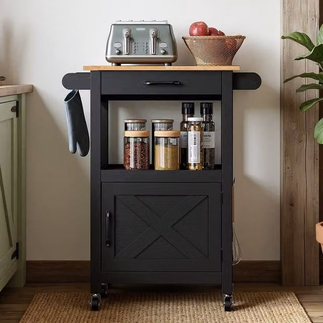KORVIXA Black Mobile Kitchen Island Cart on Wheels with Drawer, W/D/H: 100 x 100 x 89 cm