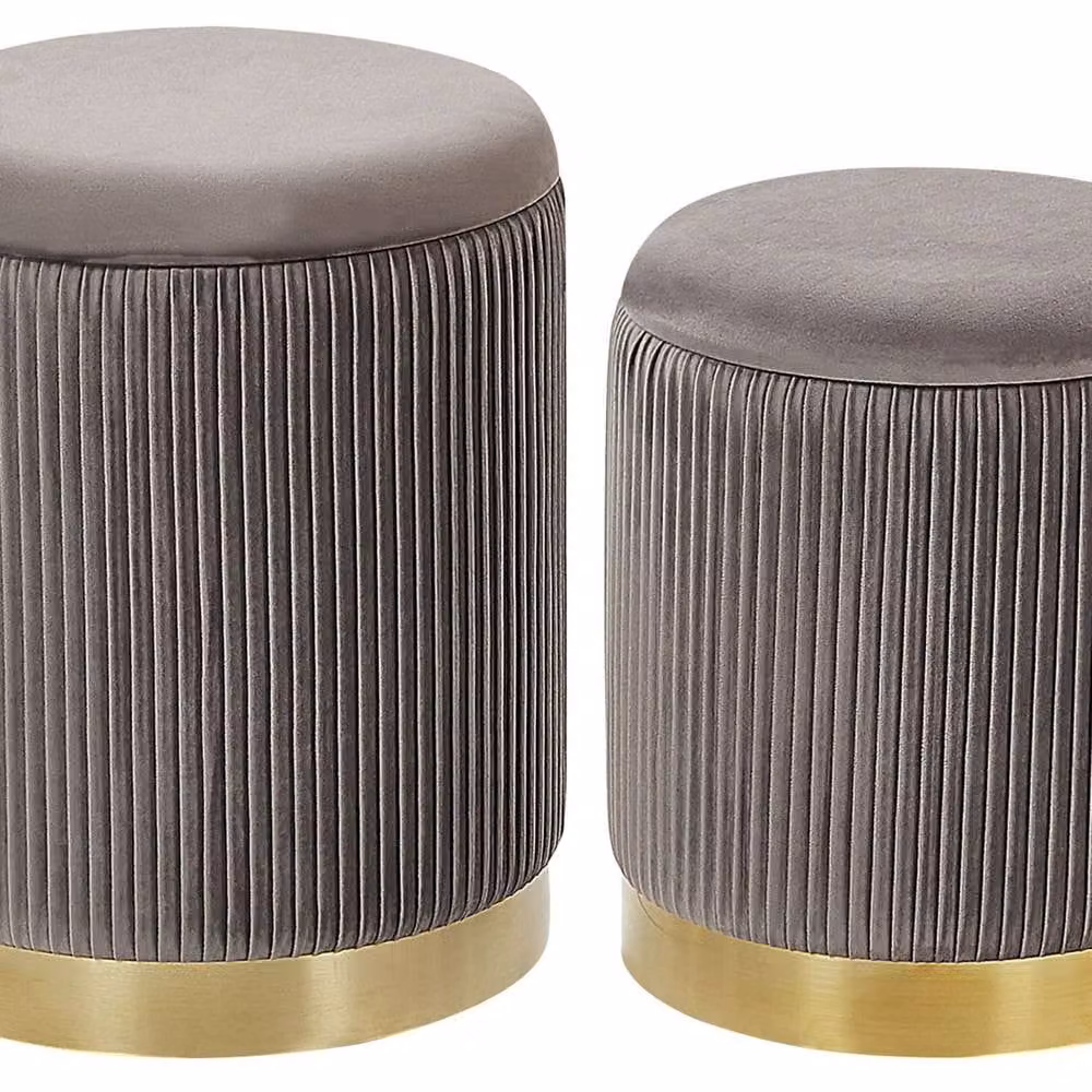 Wyld and Coco Set of 2 Grey Velvet Cylindrical Storage Pouffes with Gold Metal Base – 2