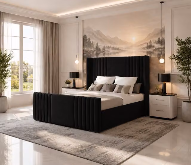 K Mehmood Enterprise Ltd Luxury Modern Upholstered Divan Bed Set with Mattress and Headboard in Black, W/D/H: 150 x 200 cm