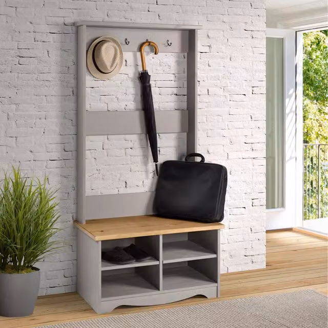 Core Products Rustic Grey Pine Hall Tree with Shoe Bench and Coat Rack