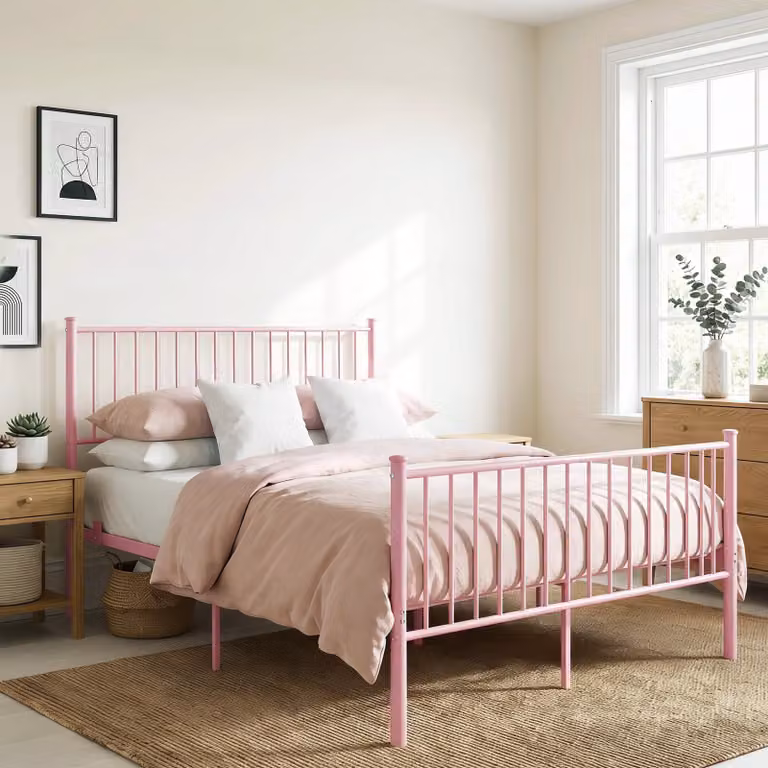 DHS Pink Lacquered Metal Vertical Bed Frame with High Headboard, W/D/H: 100 x 200 cm