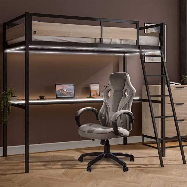 XR Living Denver Modern Single High Sleeper with App Controlled LED Lighting in Oak and Black, 90 x 190 cm