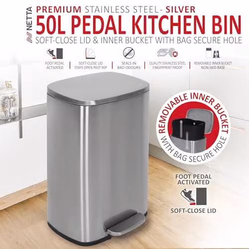 NETTA 50L Stainless Steel Kitchen Pedal Bin in Silver with Soft Close Lid and Removable Inner Bucket – 2