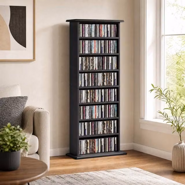 STILVORA Black CD Storage Tower with Adjustable Shelves and Back Panel – 1