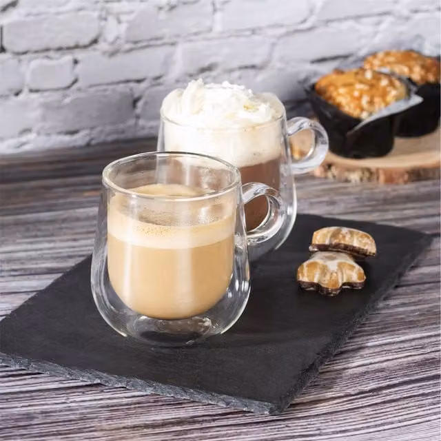 Maison & White Set of 2 Double Walled Glass Mugs, 275 ml, Transparent with Silver Details