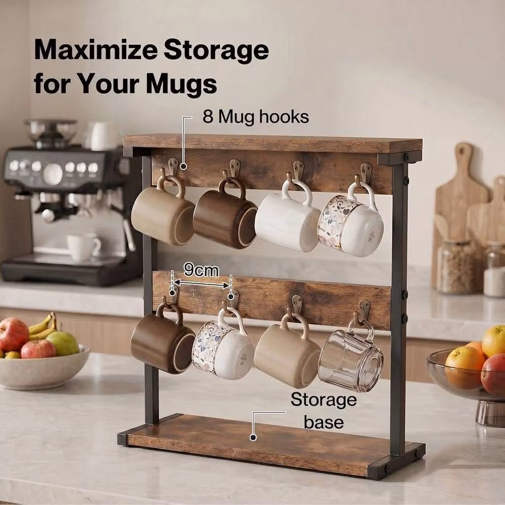 KORVIXA Brown Wood Coffee Mug Holder Stand with Shelf – 3