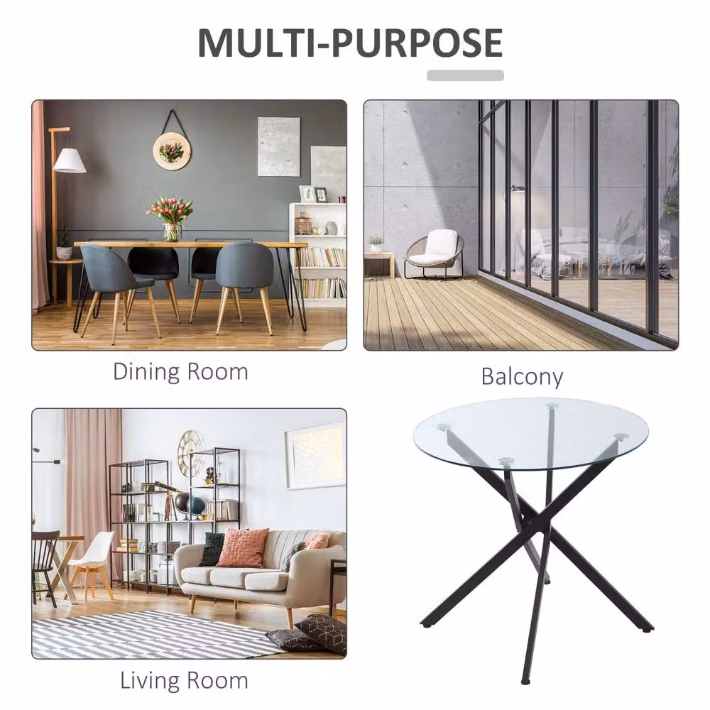 Wyld Haus Bama Round Dining Table with Transparent Glass Top and Black Metal X-Frame, Diameter: 80 cm – 6