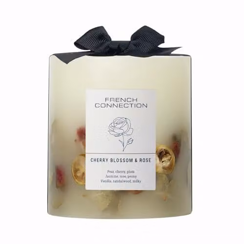 French Connection Cherry Blossom and Rose Scented Botanical Pillar Candle, 660g – 1