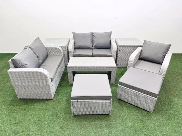 Fimous Grey Poly Rattan Garden Furniture Set with 2-Seater Sofa, Reclining Lounge Armchair, Oblong Coffee Table and 2 Ottomans