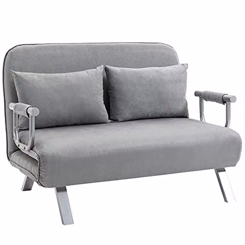 HOMCOM 2 Seater Click Clack Sofa Bed in Grey, Modern Microfibre Upholstered Convertible Settee with 2 Scatter Cushions – 1