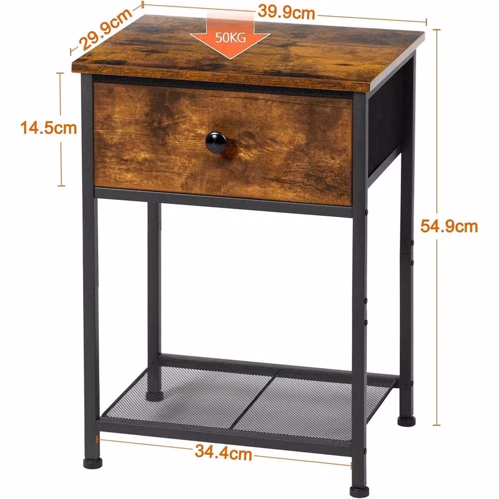 FORGEVIO Set of 2 Brown Industrial Bedside Tables with Fabric Drawers – 2