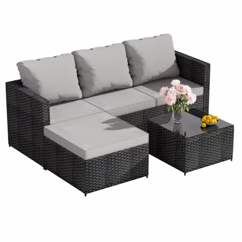 BIRCHTREE L-Shape Rattan Garden Furniture Set in Black with 3-Seater Sofa, Corner Element, Coffee Table and Ottoman – 2
