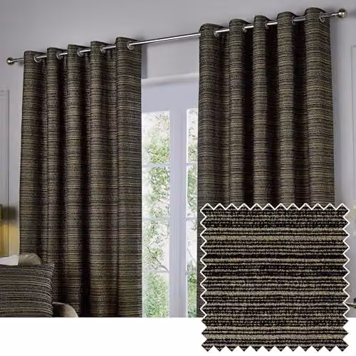 Paoletti Jupiter Blackout Eyelet Curtains, Black and Gold Striped Chenille Jacquard, W/H: 117 x 137 cm