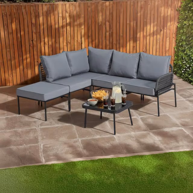 Home Treats Grey L Shape Outdoor Sofa Set with Rattan and Metal Details