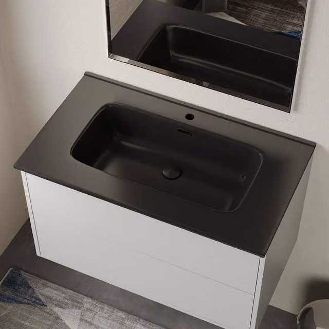 Banyetti Athena Ceramic Rectangular Wall Mounted Basin Sink in Black, W: 80.0 cm, D: 46.5 cm, H: 17.0 cm