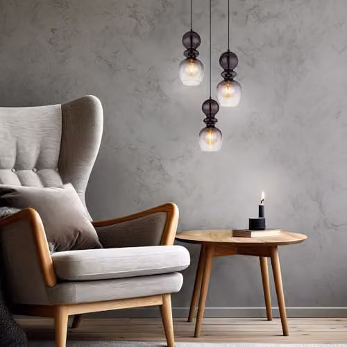 Globo Lighting Modern Suspended Pendant Light for Dining Rooms with Smoky Grey Glass and Black Metal Finish, 3 x E27 Bulbs – 3