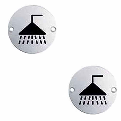 Loops 2 Pack Bathroom Door Shower Symbol Sign, Brushed Stainless Steel, 76mm Diameter, 64mm Fixing Centres, Silver