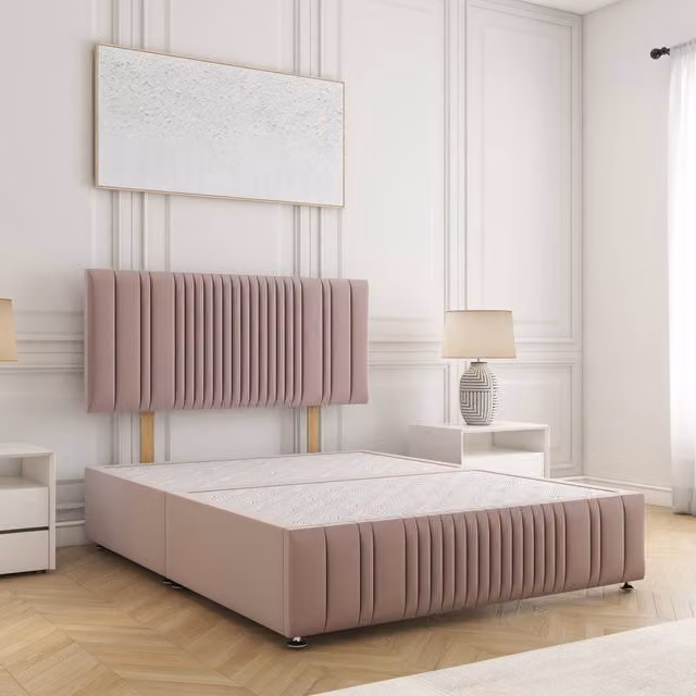 BSSPOKE Rosie King Size Divan Bed with 24 inch Plush Velvet Headboard in Pink, W/D/H: 180 x 200 cm