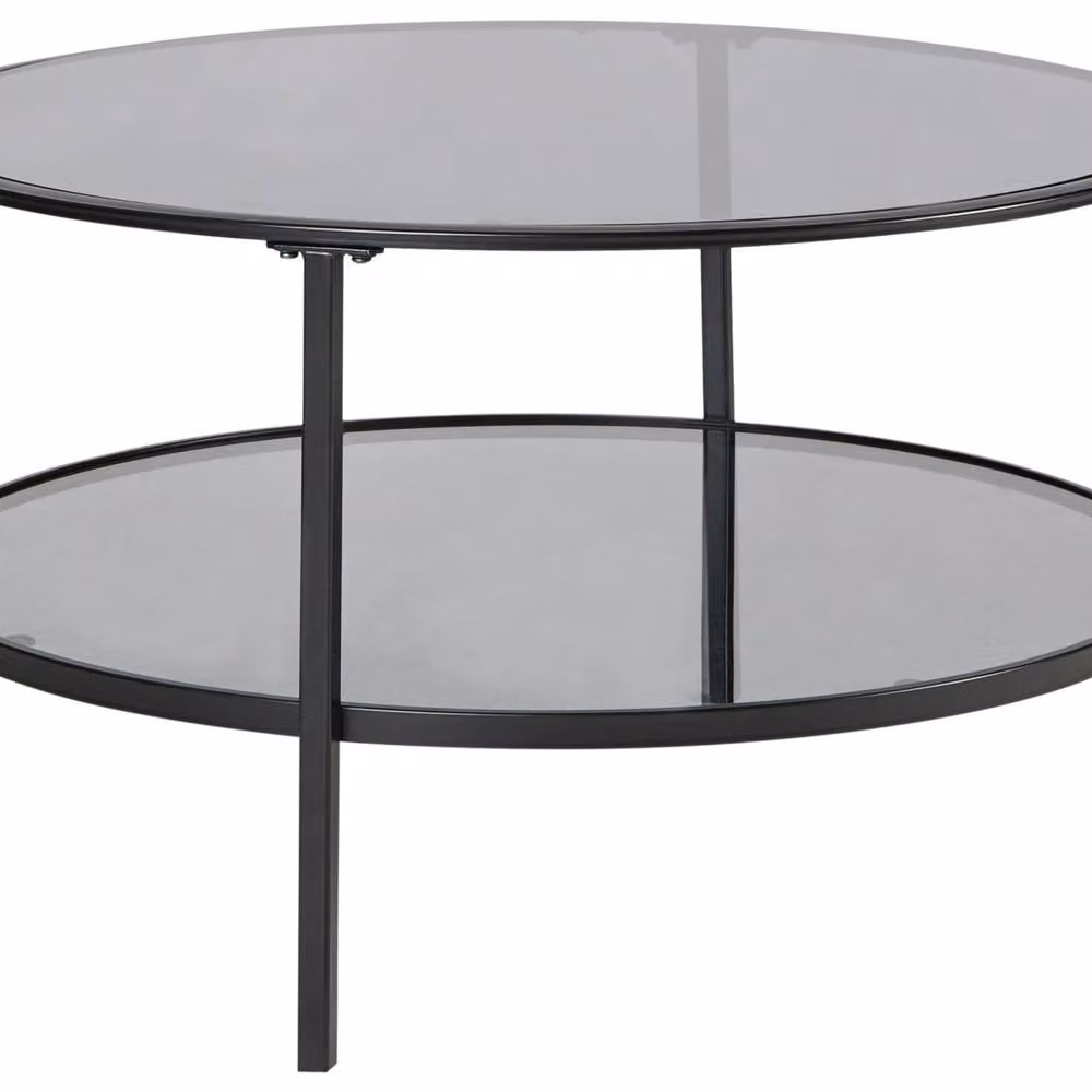 Wyld and Coco Round Coffee Table in Black with Tempered Glass and Mirrored Shelf, Diameter: 80 cm, Height: 45 cm – 2