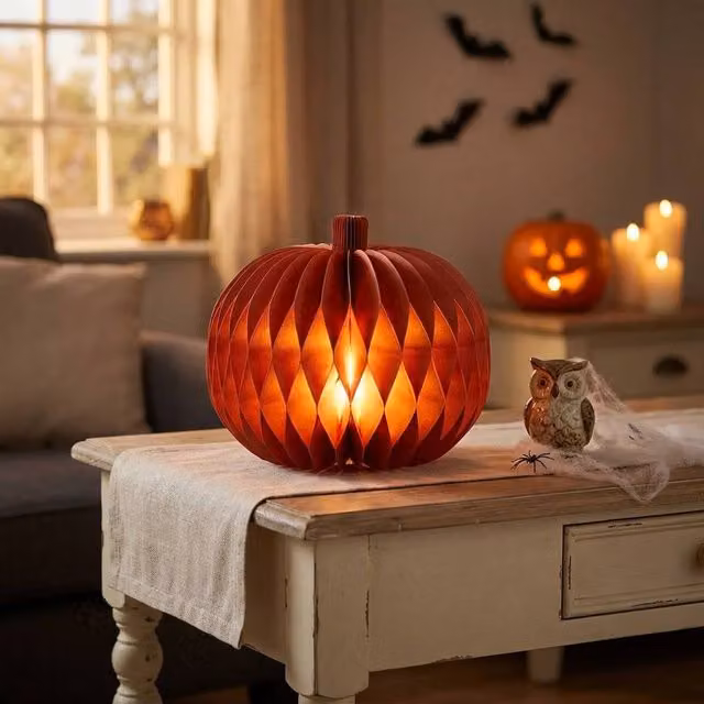 Garden Greatness Halloween Light Up Paper Pumpkin, Orange and Multicolour, H 34 cm x W 34 cm x D 34 cm