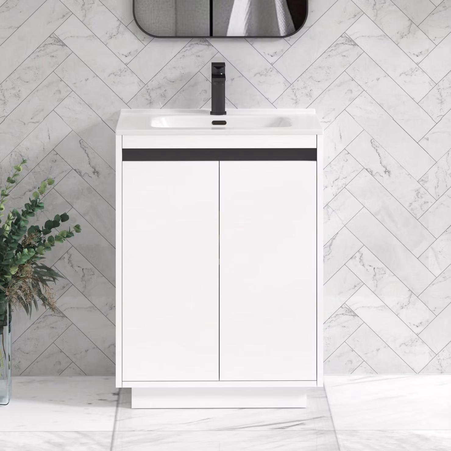 Royal Bathrooms Orion 600mm Matt White 2 Door Floor Standing Vanity Unit with Ceramic Basin and Black Accent Trim