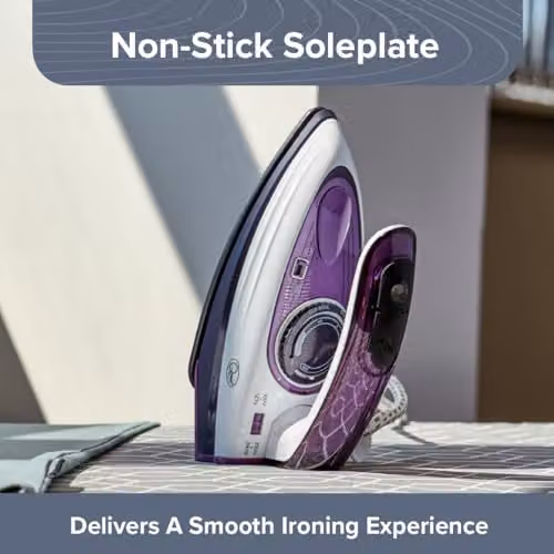 Quest 34030 1000W Travel Steam Iron with Collapsible Ergonomic Handle, Non-Stick Soleplate and 50ml Water Tank in Purple and White – 6