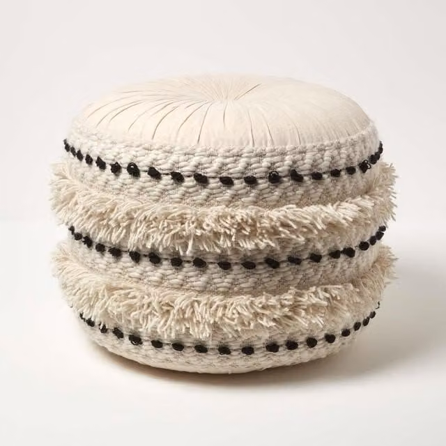 Homescapes Boho Cotton Macrame Tufted Pouffe in Black, White and Beige