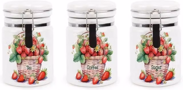 Purely Home Strawberry Basket Small Ceramic Tea, Coffee and Sugar Storage Canister in Red and White